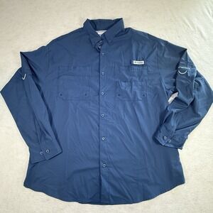 Columbia PFG‎ Shirt Men XL Blue Button Up Performance Fishing Outdoor Camp Poly